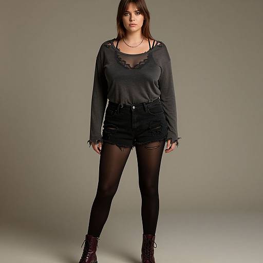 Photograph of a serious-looking woman with straight brown hair, wearing a black lace-trimmed blouse, black high-waisted shorts, black t