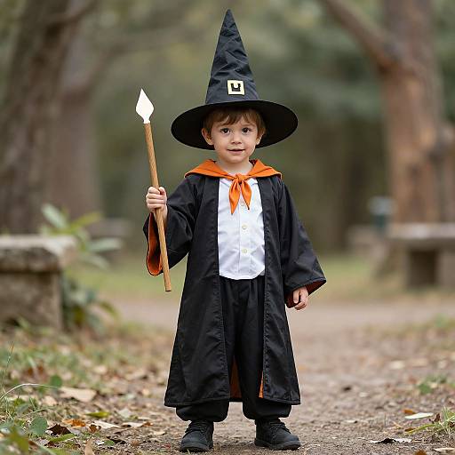 Photograph of a young boy in a black witch costume with a pointy hat, orange scarf, and wooden wand, standing in a forest path.
