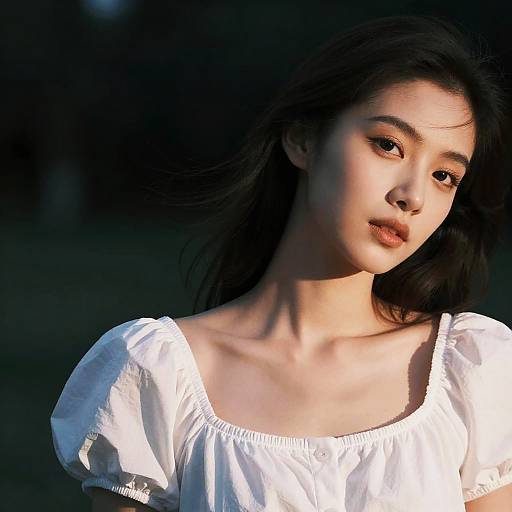 Young Woman in White Puff Sleeve Dress at Night