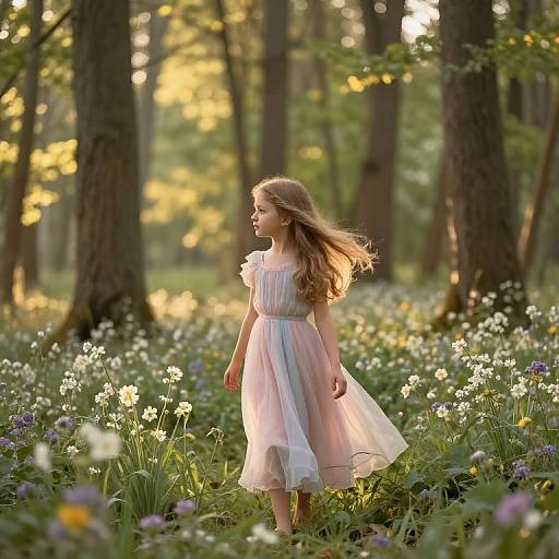 Photograph of a young girl with long, wavy blonde hair in a pastel pink, sheer dress, standing in a sunlit forest filled with
