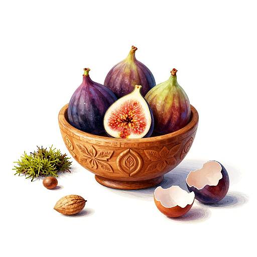 Egg Tempera Illustration of Figs in Wooden Bowl