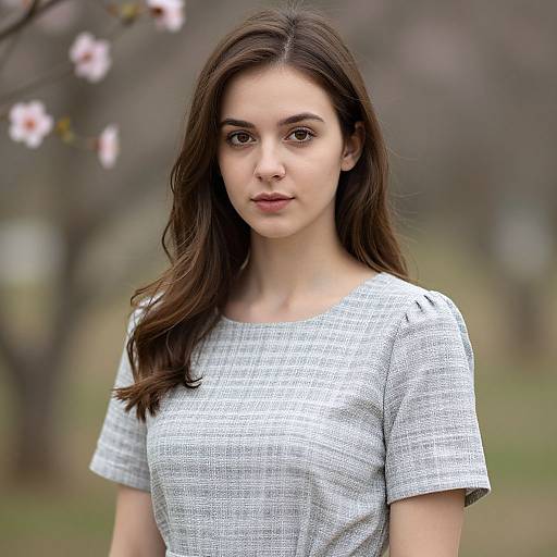 Photograph of a young woman with long brown hair, wearing a white textured shirt, standing outdoors with blurred trees and pink flowers in the background.