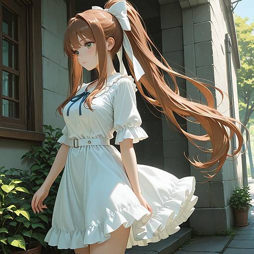 Digital anime-style drawing of a cute, brown-haired girl with long ponytail, wearing a white, short-sleeved, frilled dress, standing