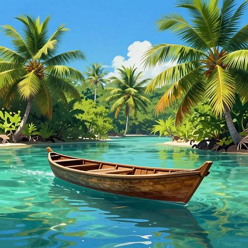 Digital artwork of a wooden canoe floating on clear turquoise water, surrounded by lush green palm trees under a bright blue sky.