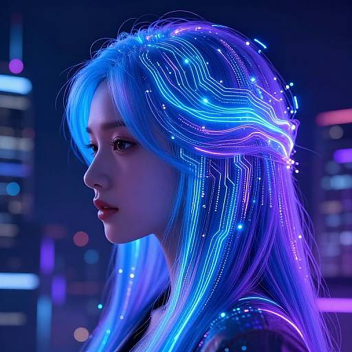 Digital artwork of a young woman with glowing, neon blue and purple hair, illuminated cityscape background, cyberpunk style, futuristic, luminous strands.