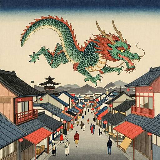 Colorful digital illustration of a dragon soaring over a bustling traditional Japanese street market with people, shops, and buildings.