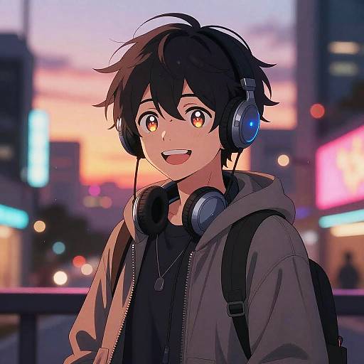 Anime-style digital drawing of a happy, black-haired boy with orange eyes, wearing headphones, a hooded jacket, and backpack, against a colorful,