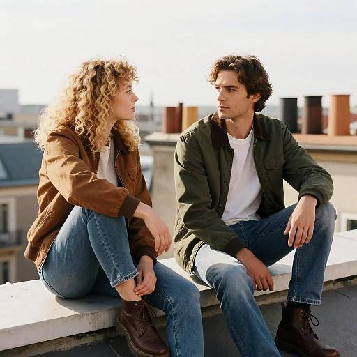 Couple on Rooftop with Cityscape View