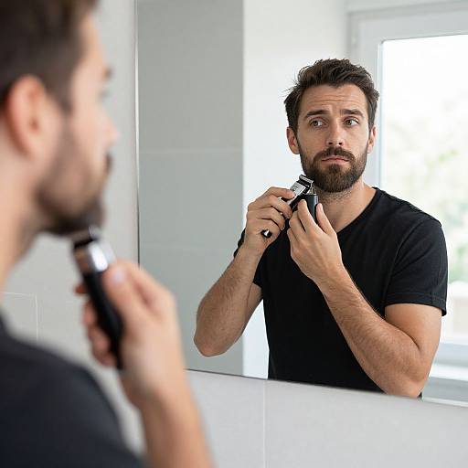 Photograph of a bearded man with dark hair, wearing a black t-shirt, shaving in front of a mirror, holding a razor. Bright,