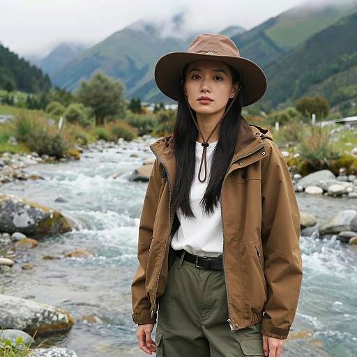 Photograph of an East Asian woman with long black hair, wearing a brown hat, jacket, white shirt, and olive pants, standing by a rocky