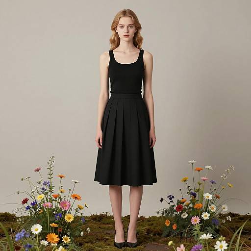 Young Woman in Black Skirt Outfit with Wildflowers