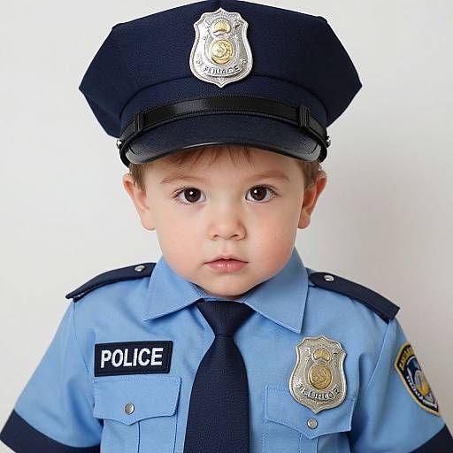 Photograph of a cute, young, light-skinned child in a blue police uniform, complete with hat, badge, and 