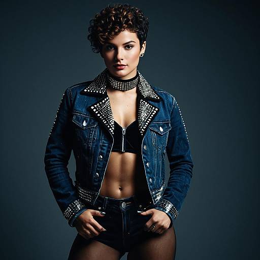 Woman in Denim Biker Jacket with Studded Details