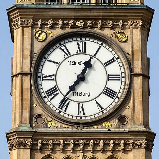 Photograph of a detailed, ornate clock tower with a white face, black Roman numerals, and black hands, labeled 