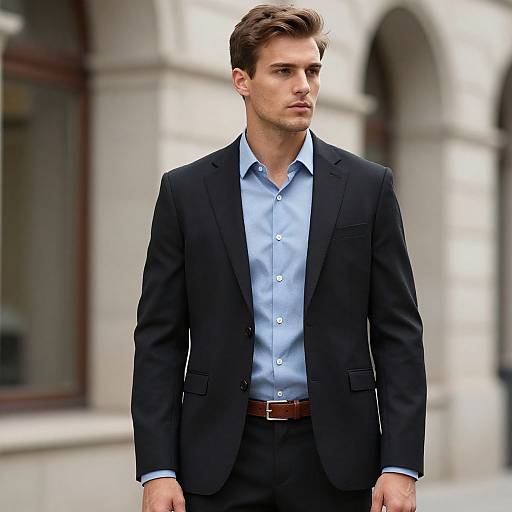 Photograph of a handsome, brown-haired man in a black suit, light blue shirt, and brown belt, standing outdoors in front of a stone building