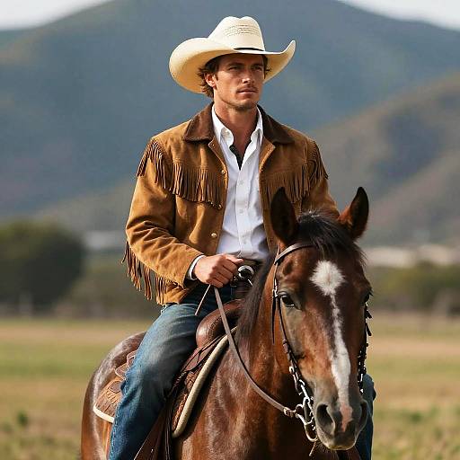 Photograph of a handsome, fair-skinned man in a white cowboy hat, brown fringed jacket, and white shirt, riding a brown horse in