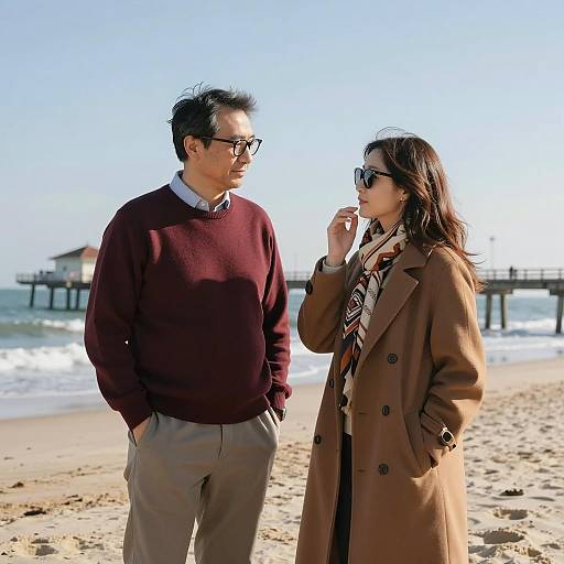 Middle-Aged Couple Standing on Beach with Pier