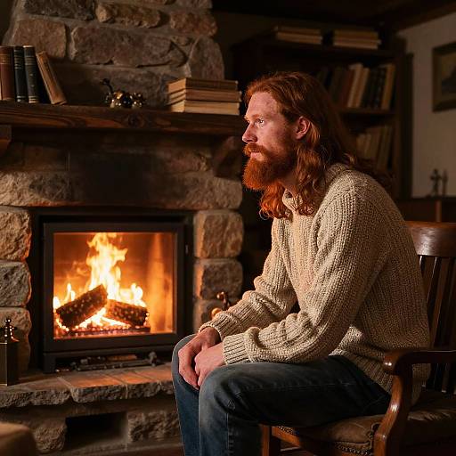 Cozy Rustic Cabin with Red-Haired Man