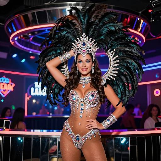 Photograph of a glamorous, dark-haired woman in a sparkling silver bikini and jeweled headdress with large black feathered headpiece, posing confidently in