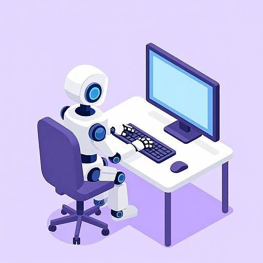 Digital illustration of a white, blue-eyed humanoid robot sitting at a white desk with a computer, keyboard, and mouse, using a chair with purple accents