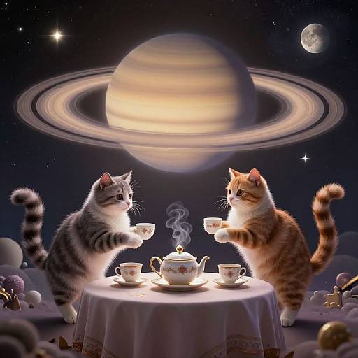 Digital artwork of two tabby kittens sipping tea at a table, with a glowing Saturn-like planet and moon in a starry night sky background.