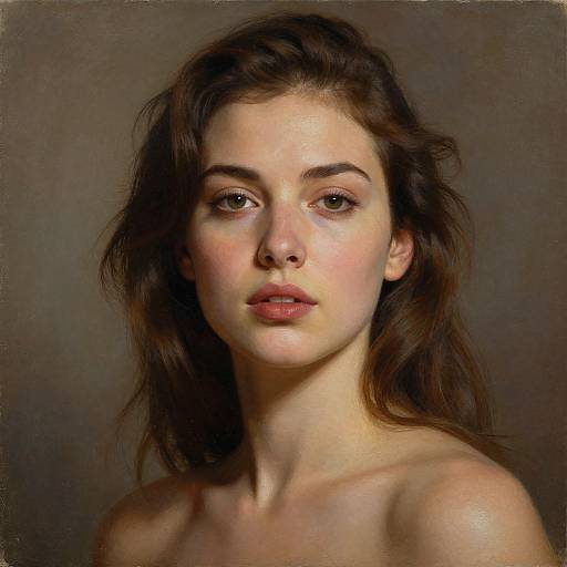 Digital portrait of a young woman with fair skin, brown wavy hair, and soft brown eyes, gazing directly with a neutral expression, against a