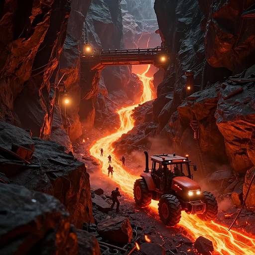 Digital artwork of a rocky canyon bridge with fiery river, small figures escaping, red vehicles, and glowing orange flames.