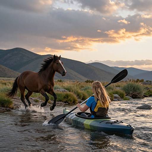 Photograph of a blonde woman in a blue and yellow life jacket paddling a kayak, with a galloping brown horse in a scenic mountain river