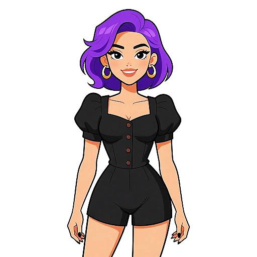 Digital drawing of a confident woman with purple hair, black puffed-sleeve romper, brown buttons, hoop earrings, and smiling. White background