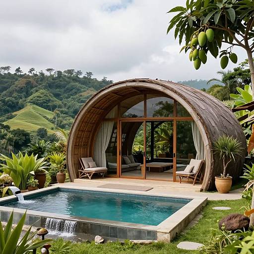 Photograph of a rustic wooden dome gazebo with glass doors, overlooking a small pool with waterfall, surrounded by lush greenery and mountainous landscape.