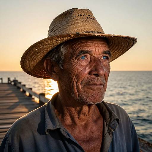 Photograph of an elderly man with weathered skin and blue eyes, wearing a straw hat and dark shirt, standing on a wooden pier at sunset,