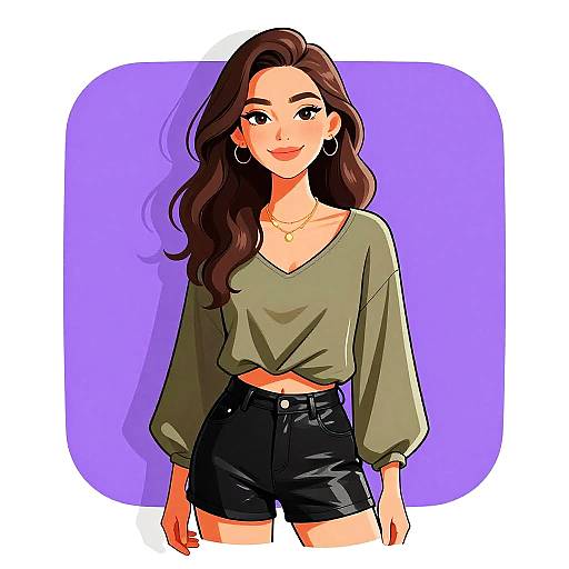 Digital illustration of a smiling woman with long brown hair, green V-neck top, black shorts, hoop earrings, and gold necklace, against a purple background