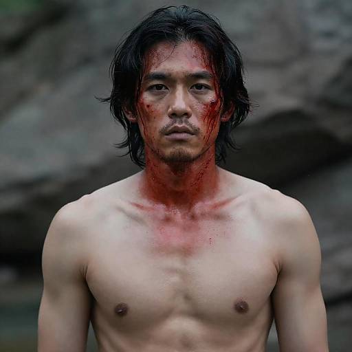 Shirtless Asian Man with Bloodied Face