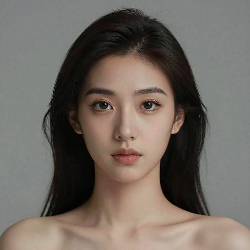 Photograph of a young Asian woman with long black hair, fair skin, and subtle makeup, looking directly at the camera against a plain gray background.