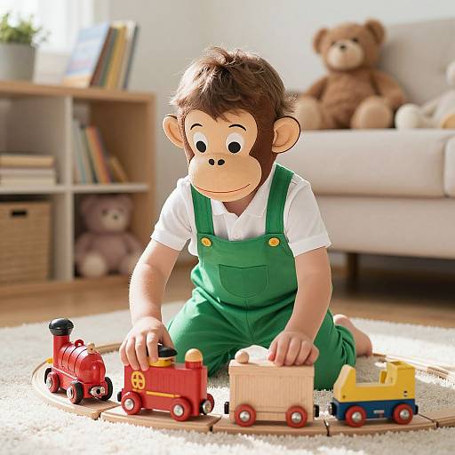 Photograph of a young boy with brown hair and monkey face, wearing green overalls and white shirt, playing with colorful toy trains on a white carpet
