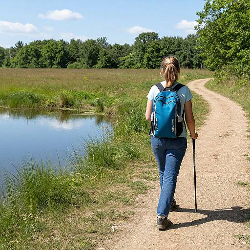 Woman with Walking Stick by Pond