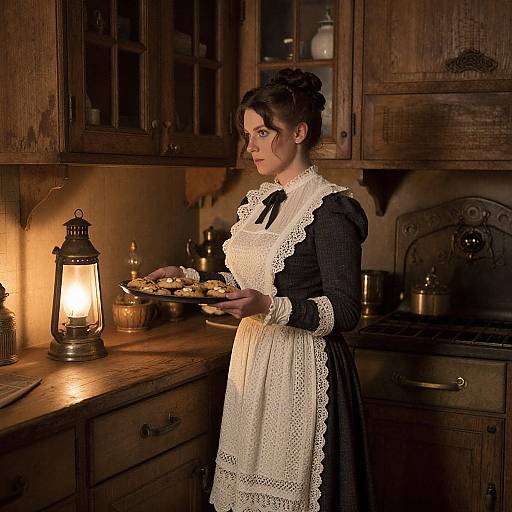 Photograph of a young woman in a Victorian-style black dress with white lace apron, holding a plate of pastries, standing in a dimly