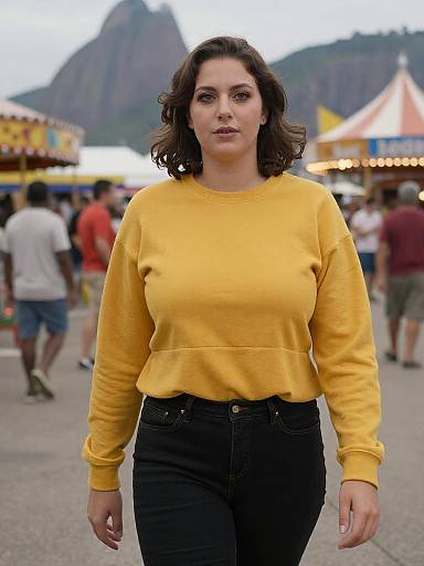 Photograph of a confident woman with shoulder-length brown hair, wearing a yellow sweater and black pants, walking in a bustling outdoor fair with colorful tents and