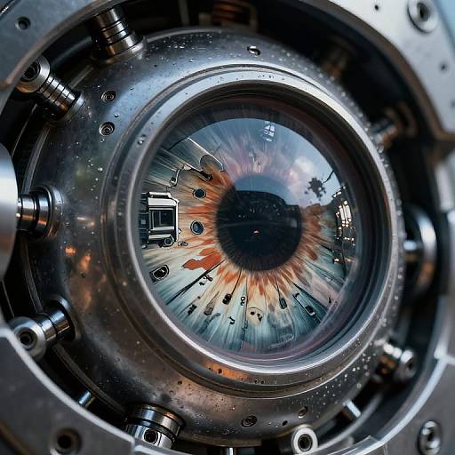 Close-up photograph of a camera lens reflecting a vivid blue and orange eye with black pupil, surrounded by metallic camera components.