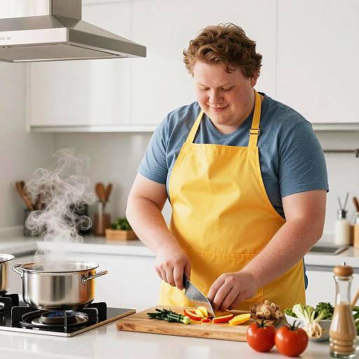 Photograph of a smiling, plus-sized man with curly brown hair, wearing a blue shirt and yellow apron, chopping bell peppers in a bright,