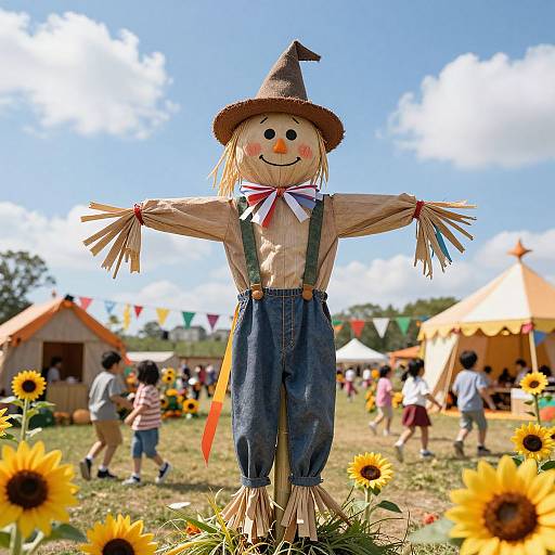 Photograph of a cheerful scarecrow with straw hat, shirt, blue overalls, and ribbon bow, standing in a sunflower-filled field at a