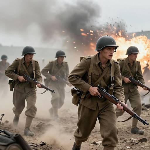 Photograph of World War II soldiers in olive-green uniforms and steel helmets advancing with rifles, amidst smoke and fire, on a dusty battlefield.