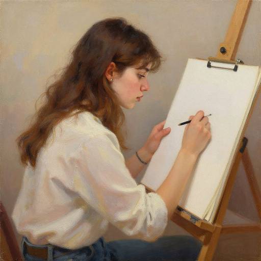 Realistic painting of a young woman with long brown hair, wearing a white blouse, painting on a white canvas with a wooden easel.
