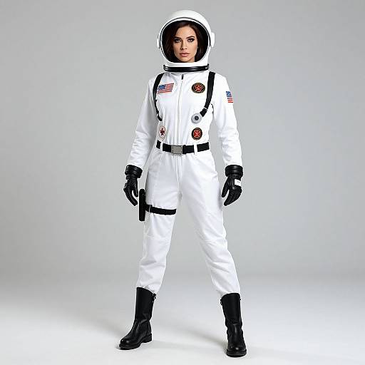 Photograph of a confident woman in a white astronaut suit with black gloves, boots, and American flag patches, standing against a plain gray background.