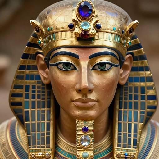Photograph of a detailed, golden Egyptian pharaoh mask with blue stripes, blue and turquoise jewels, and intense green eyes.