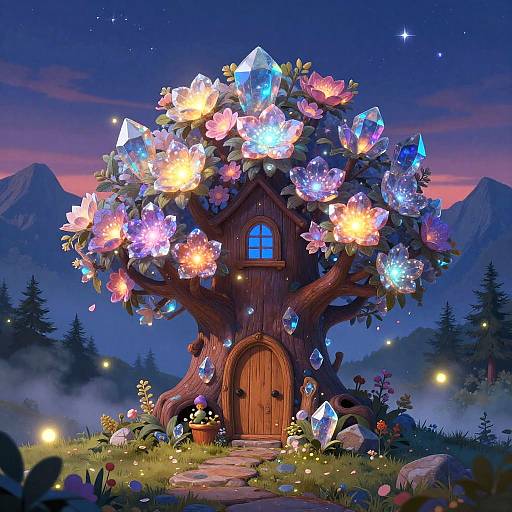 Whimsical digital illustration of a fairy-tale treehouse with glowing crystals, blooming flowers, and a wooden door, set in a misty