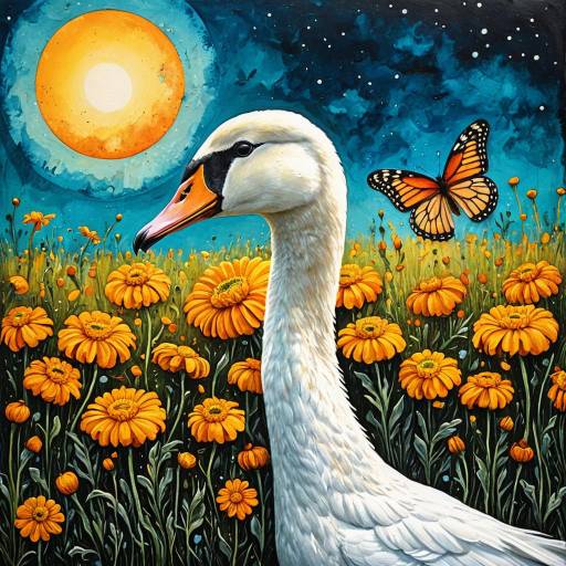 Serene Swan in Marigold Field with Butterfly
