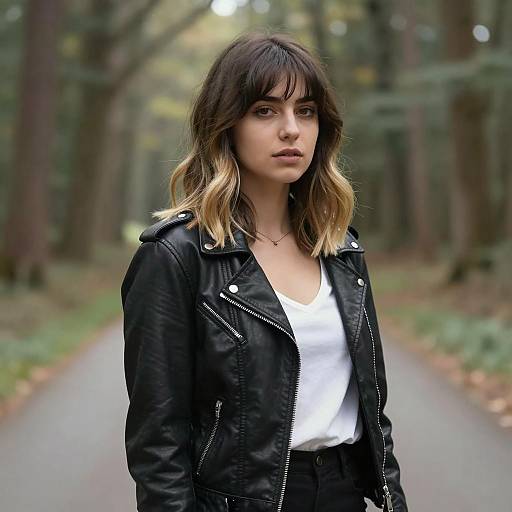 Young Woman in Leather Jacket on Forest Path