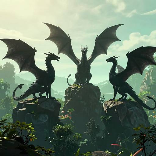 Digital artwork of three dark silhouetted dragons with large wings standing on rocky outcrops in a lush, sunlit jungle.