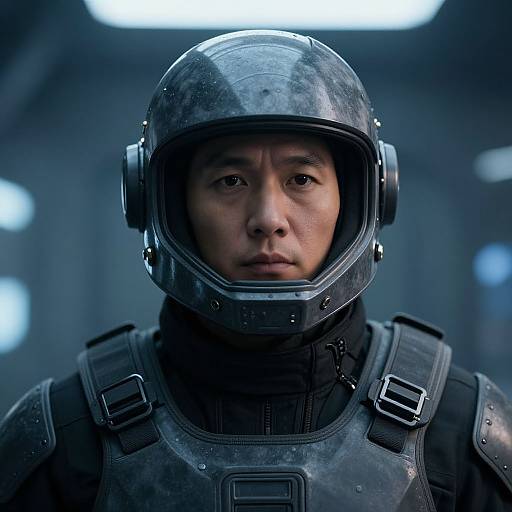 Photorealistic CGI of an Asian male soldier in a black, full-face helmet and tactical vest, with a serious expression, against a blurred blue and